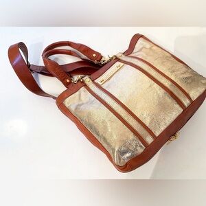 Tory Burch Metallic & Cognac leather tote shoulder bag